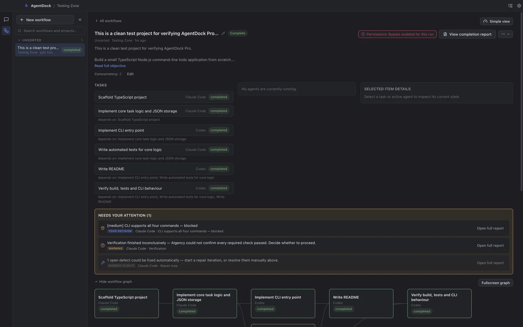 The AgentDock window after the run finished, showing six completed tasks assigned to Claude Code and Codex.
